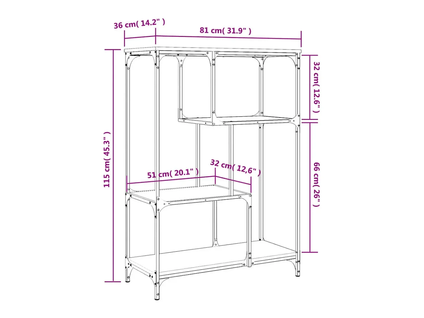 Estantería madera de ingeniería acero roble ahumado 81x36x115cm
