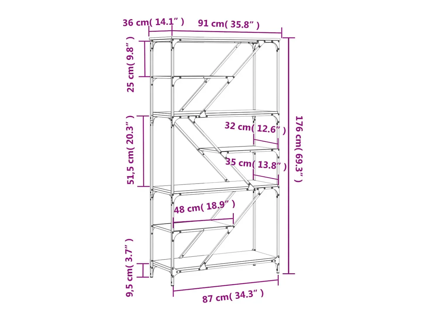 Estantería madera de ingeniería acero roble Sonoma 91x36x176 cm