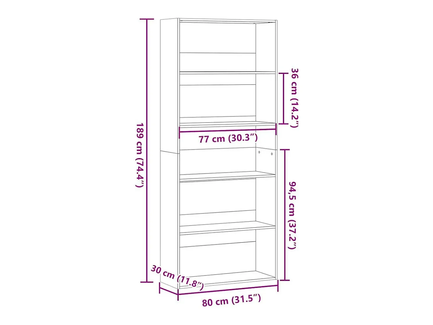 Estantería madera ingeniería gris hormigón 80x30x189cm