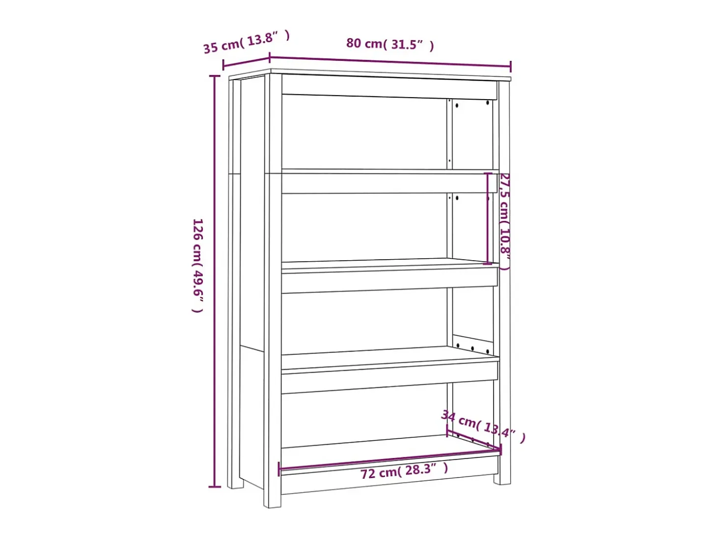Estantería madera maciza de pino negra 80x35x126 cm