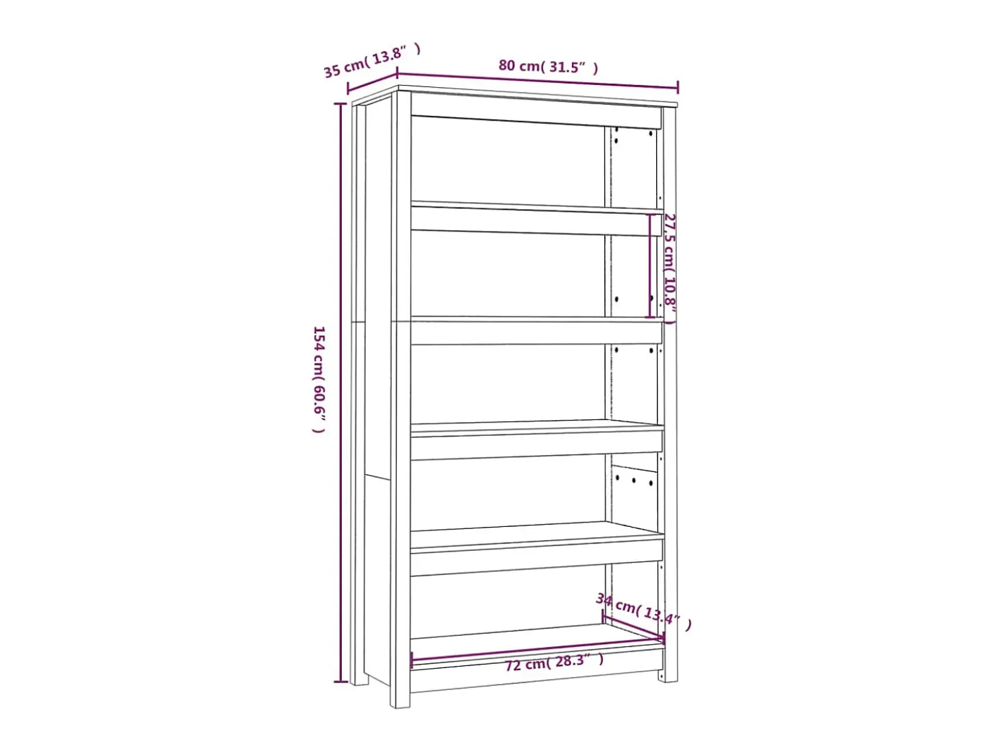 Estantería madera maciza de pino negra 80x35x154 cm