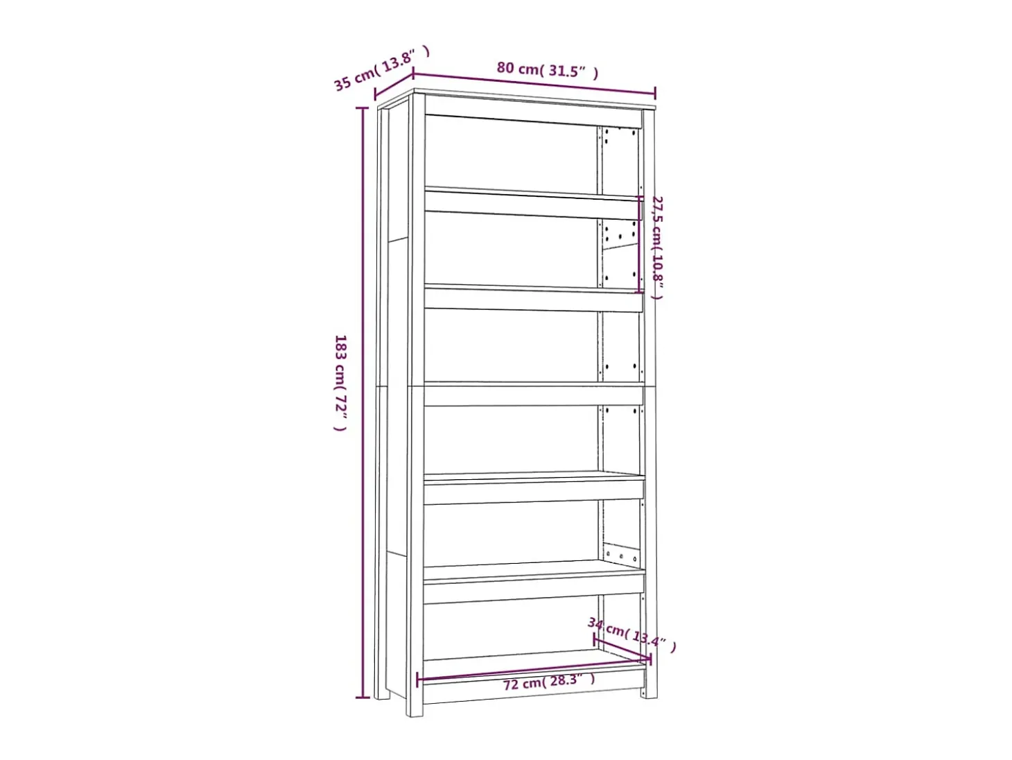 Estantería madera maciza de pino blanca 80x35x183 cm