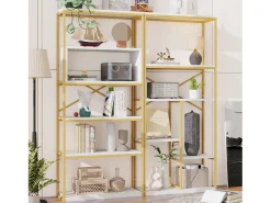 Estantería moderna 160x29,5x180 cm - Estantes a varios niveles - Estructura de tubos de acero y MDF - Forma rectangular - Dorado y blanco