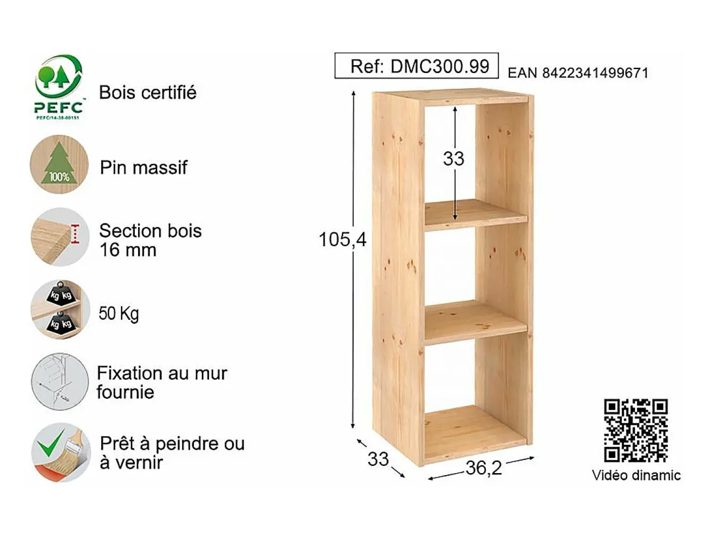 Estantería modular de pino macizo Dinamic 3 estantes
