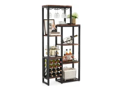 Estantería para vinos autónoma de 5 niveles con soporte de vidrio y espacio para almacenar vinos, estantería industrial para bar, cocina, comedor (marrón)