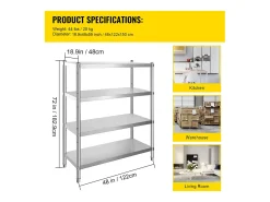 Estantería SucceBuy de Acero Inoxidable, 4 Estantes, 122 x 48 x 150 CM, Capacidad de Carga 600 KG