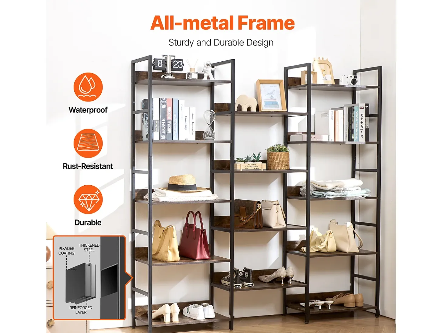 Estantería SucceBuy, Rústica de Metal con 14 Niveles para Salón, Dormitorio y Oficina