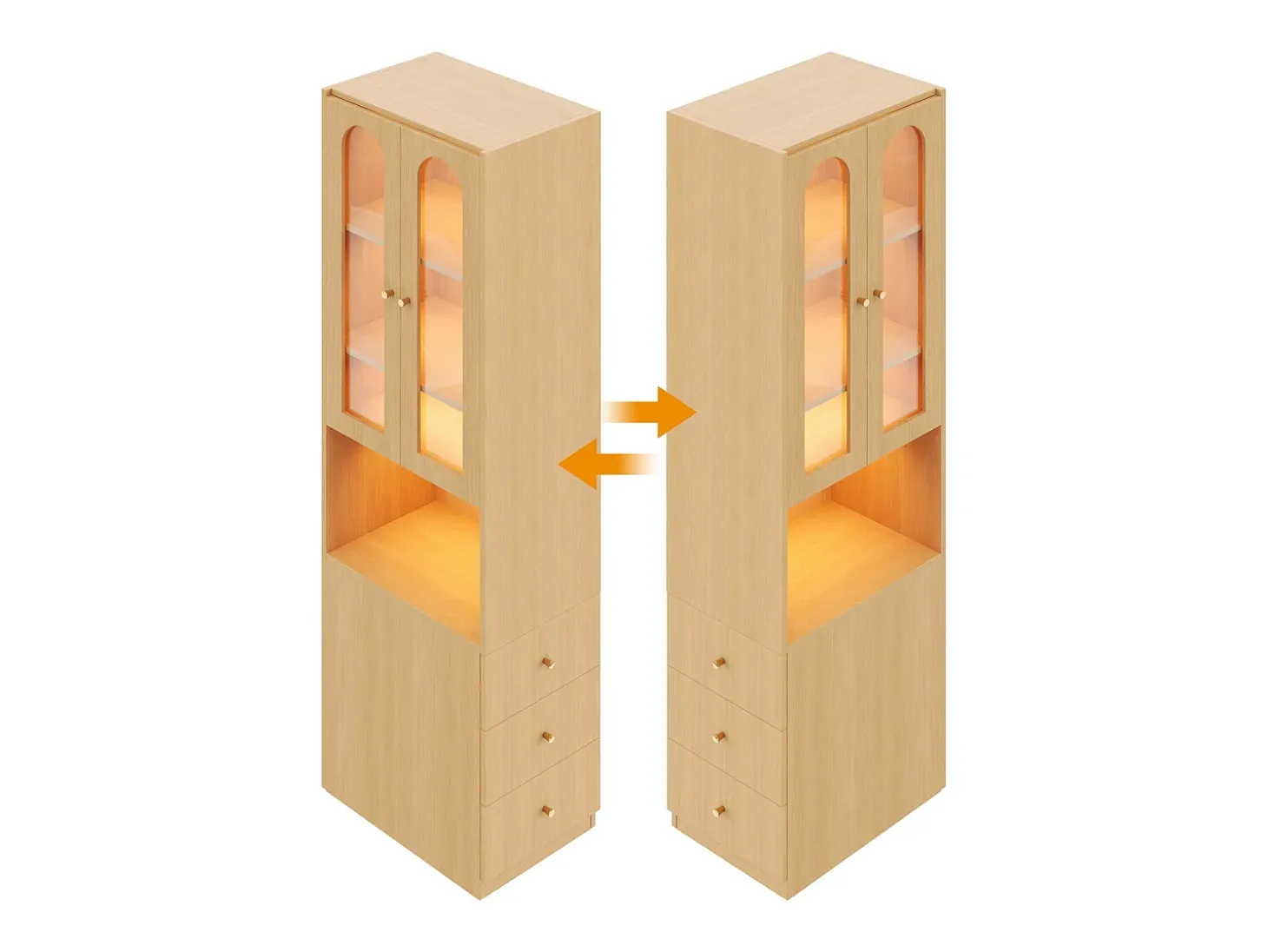 Estantería/Vitrina - 60×40×200 cm - 3 cajones laterales y 2 puertas de vidrio - LED - Lados izquierdo/derecho reversibles - Natural