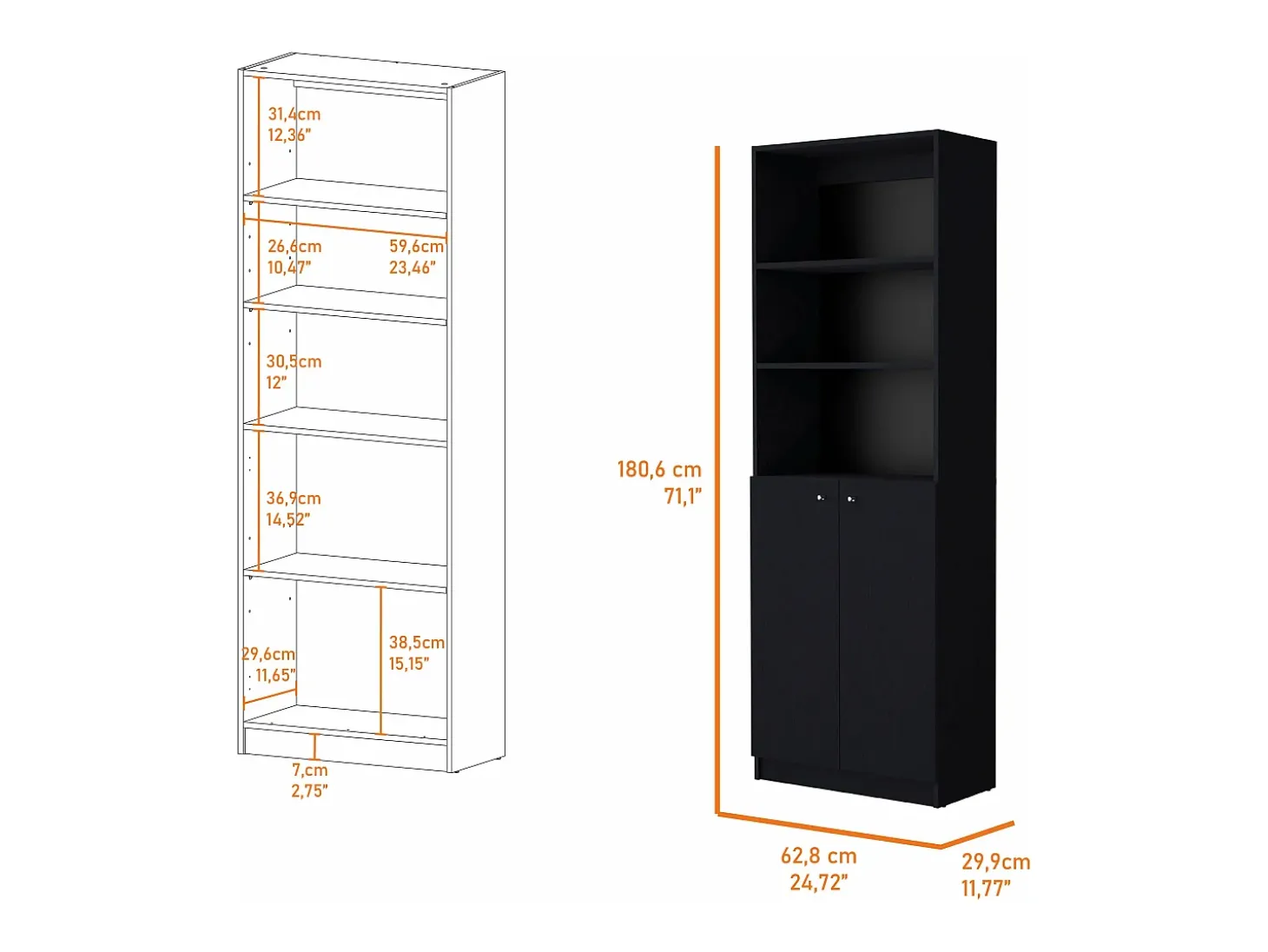 Estanteria Home en melamina con gabinete inferior y 3 estantes exteriores , 180.59 cm X 62.78 cm X 29.89 cm , Negro