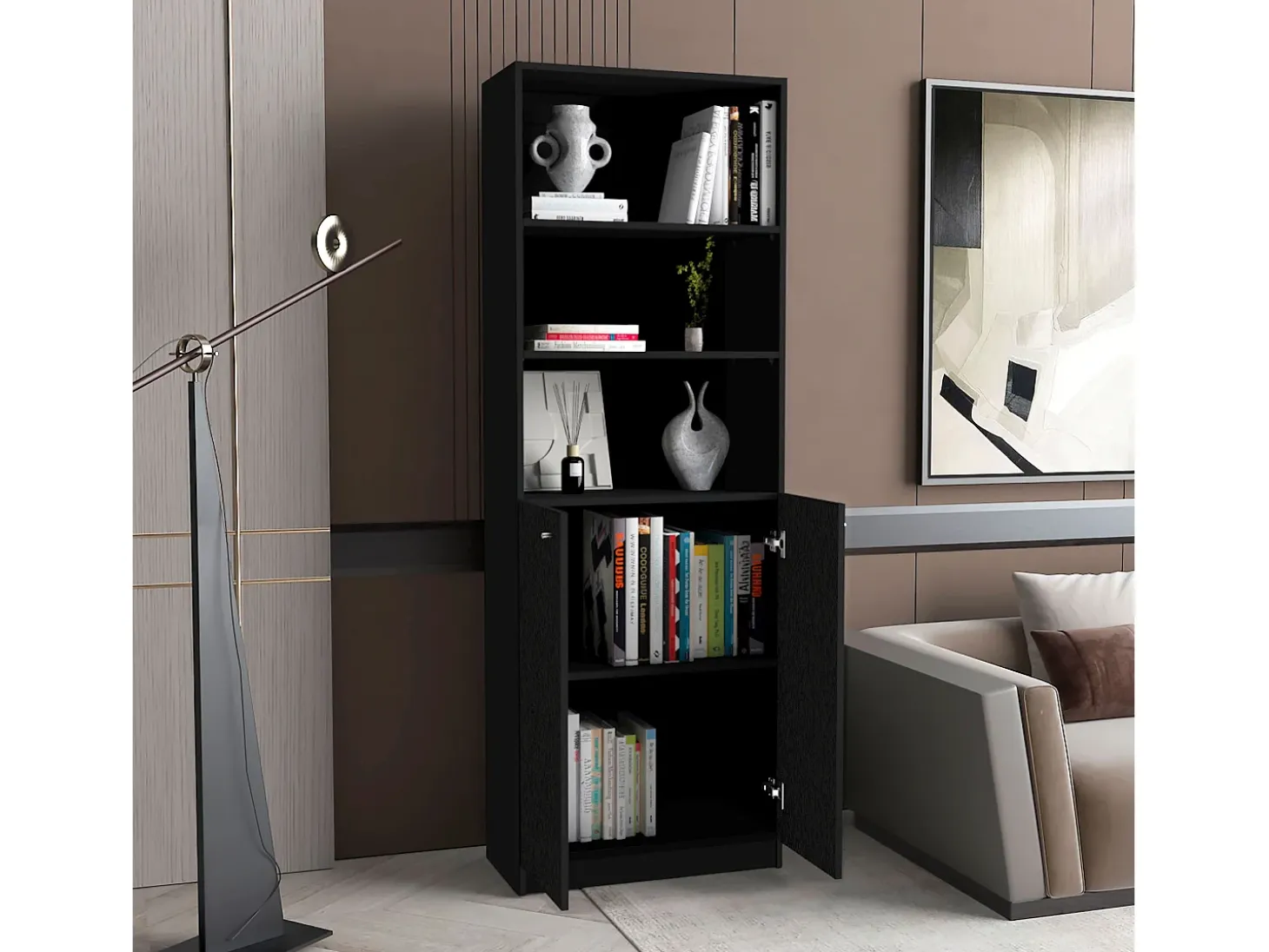 Estanteria Home en melamina con gabinete inferior y 3 estantes exteriores , 180.59 cm X 62.78 cm X 29.89 cm , Negro