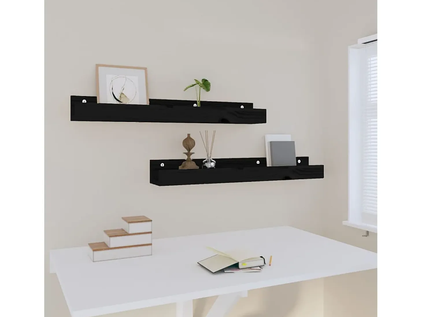 Estantes de pared 2 uds Negro 80x12x9 cm Madera maciza de pino