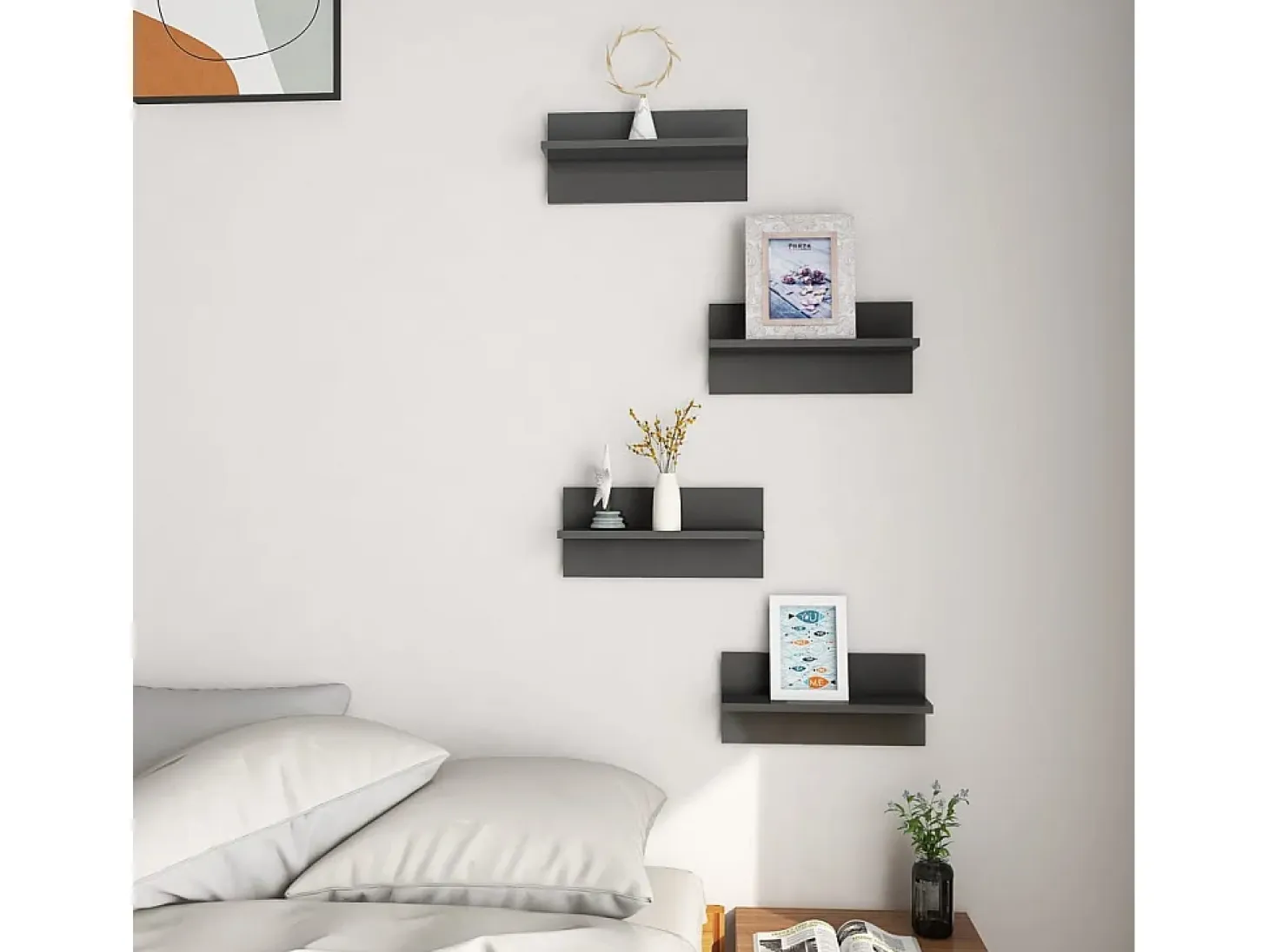 Estantes de pared de 4 piezas, gris brillante, madera de ingeniería