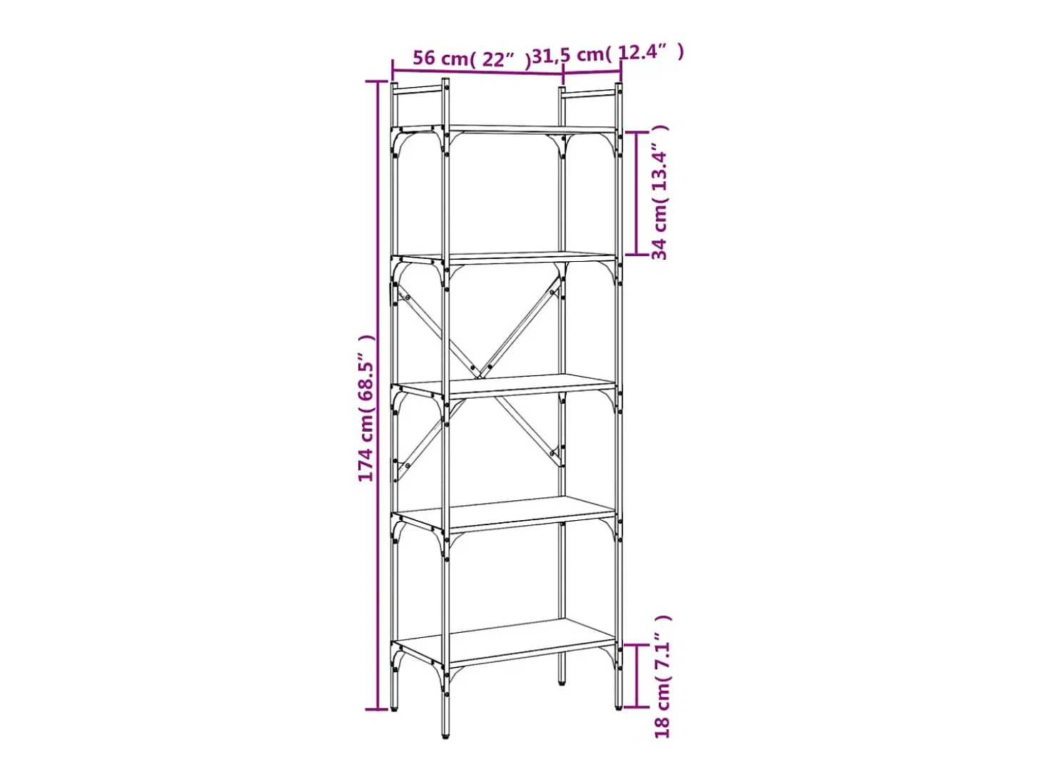 Fredrikstad Librería de 5 estantes madera de ingeniería negro 56x31,5x174cm