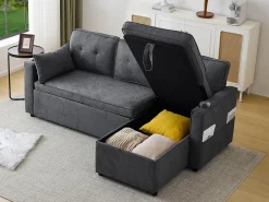 Fusio Primavera-Verano - Sofá Cama Angular 3 Plazas, Modular, Tela de Lino con Reposabrazos Portavasos - Ideal para Salón y Estancia