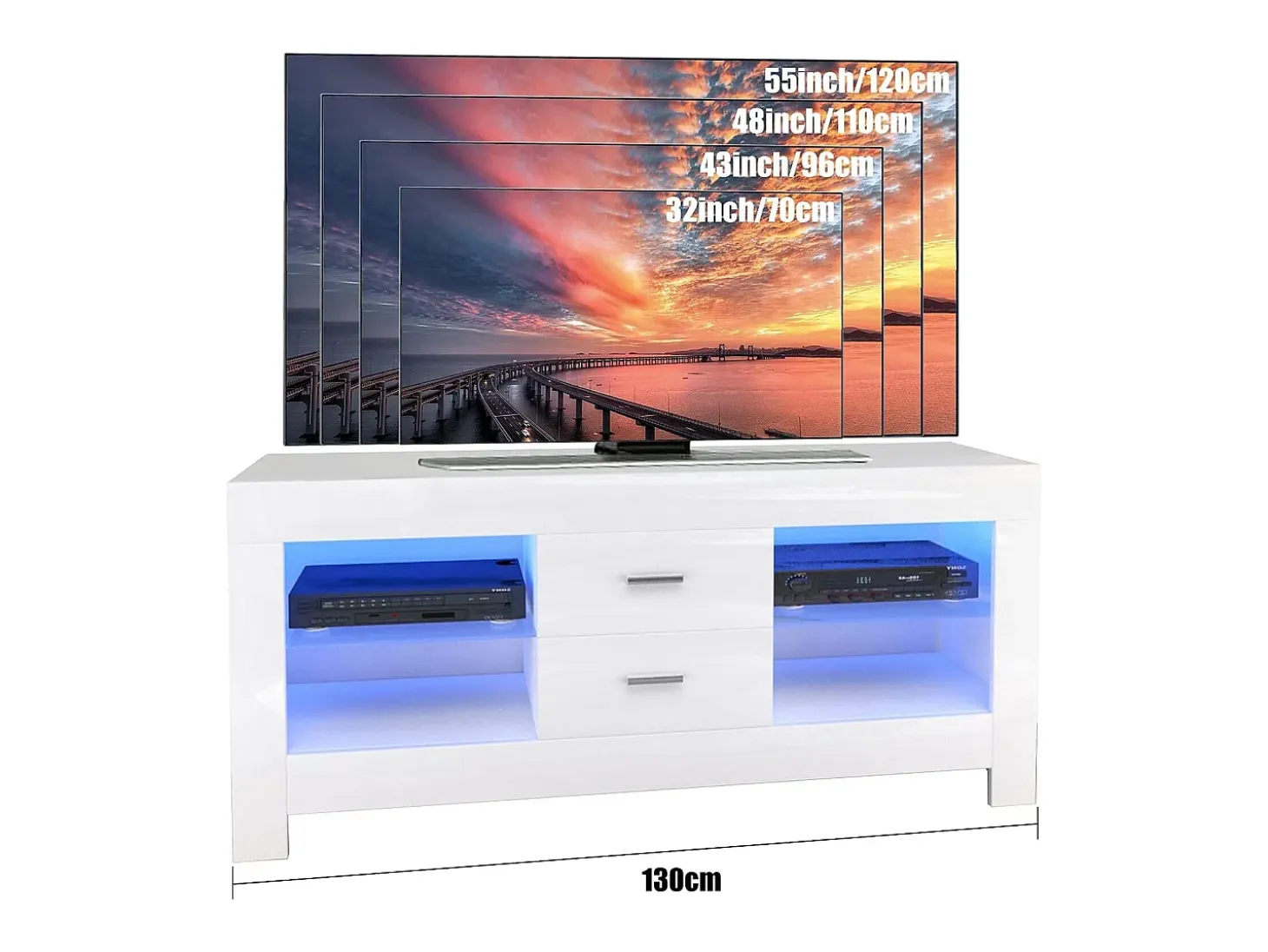 Gabinete de televisión blanco brillante con LED brillante, banco de televisión moderno, estante de vidrio, 2 cajones, muebles de sala de estar, 130x35x50cm
