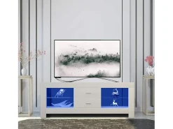Gabinete de televisión blanco brillante con LED brillante, banco de televisión moderno, estante de vidrio, 2 cajones, muebles de sala de estar, 130x35x50cm