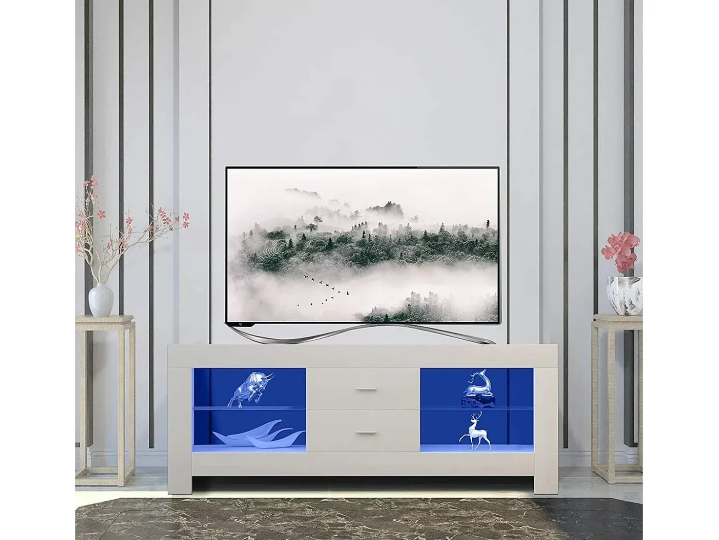 Gabinete de televisión blanco brillante con LED brillante, banco de televisión moderno, estante de vidrio, 2 cajones, muebles de sala de estar, 130x35x50cm