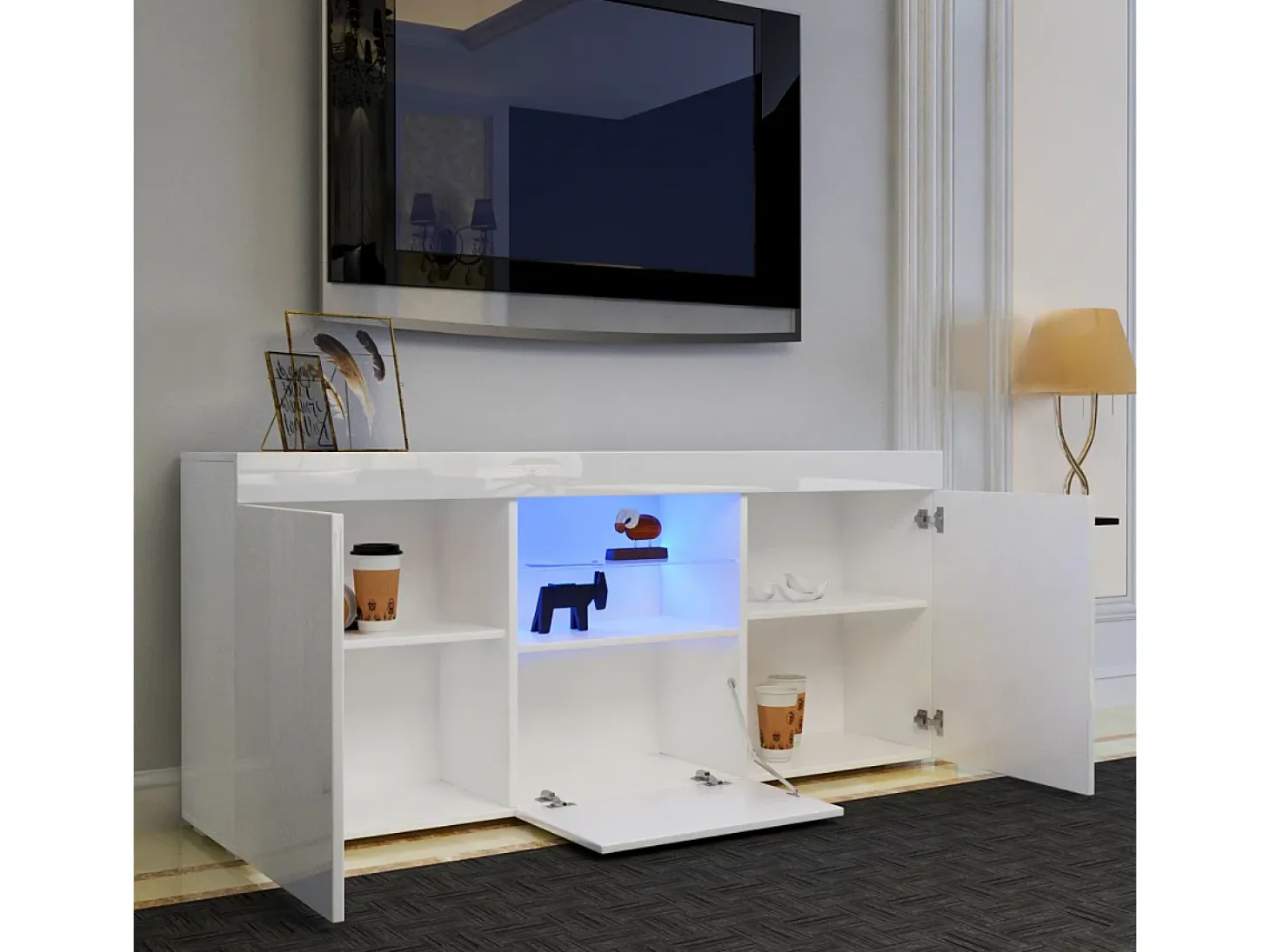 Gabinete de televisión blanco brillante con luz LED, 3 puertas, estante de vidrio, banco de televisión moderno, buffet de sala de estar, 135x35x70cm
