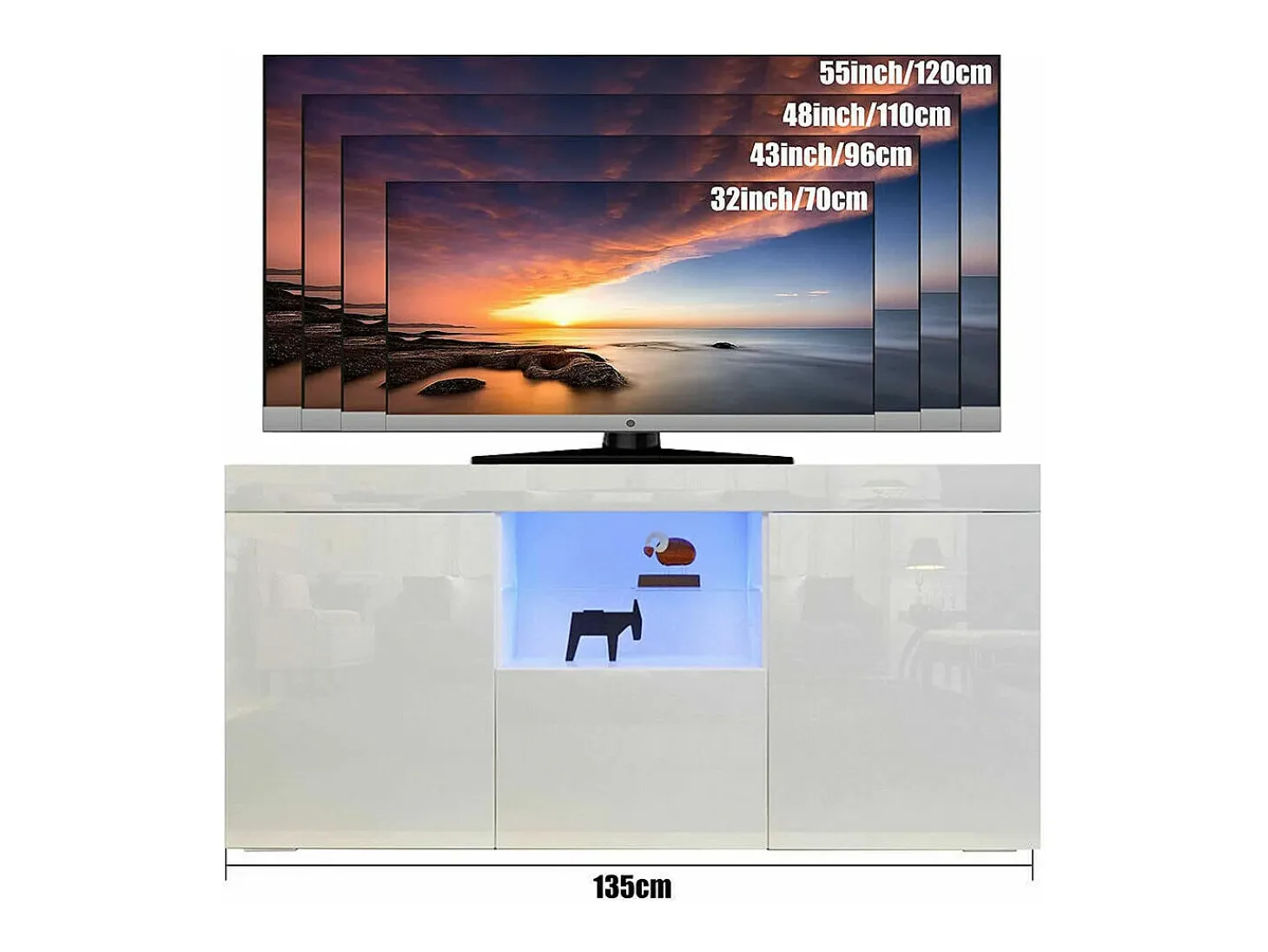 Gabinete de televisión blanco brillante con luz LED, 3 puertas, estante de vidrio, banco de televisión moderno, buffet de sala de estar, 135x35x70cm