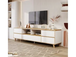 Gabinete de televisión de 5 puertas y 8 nicho, pies de madera sólida, 175x37x51cm, blanco y natural