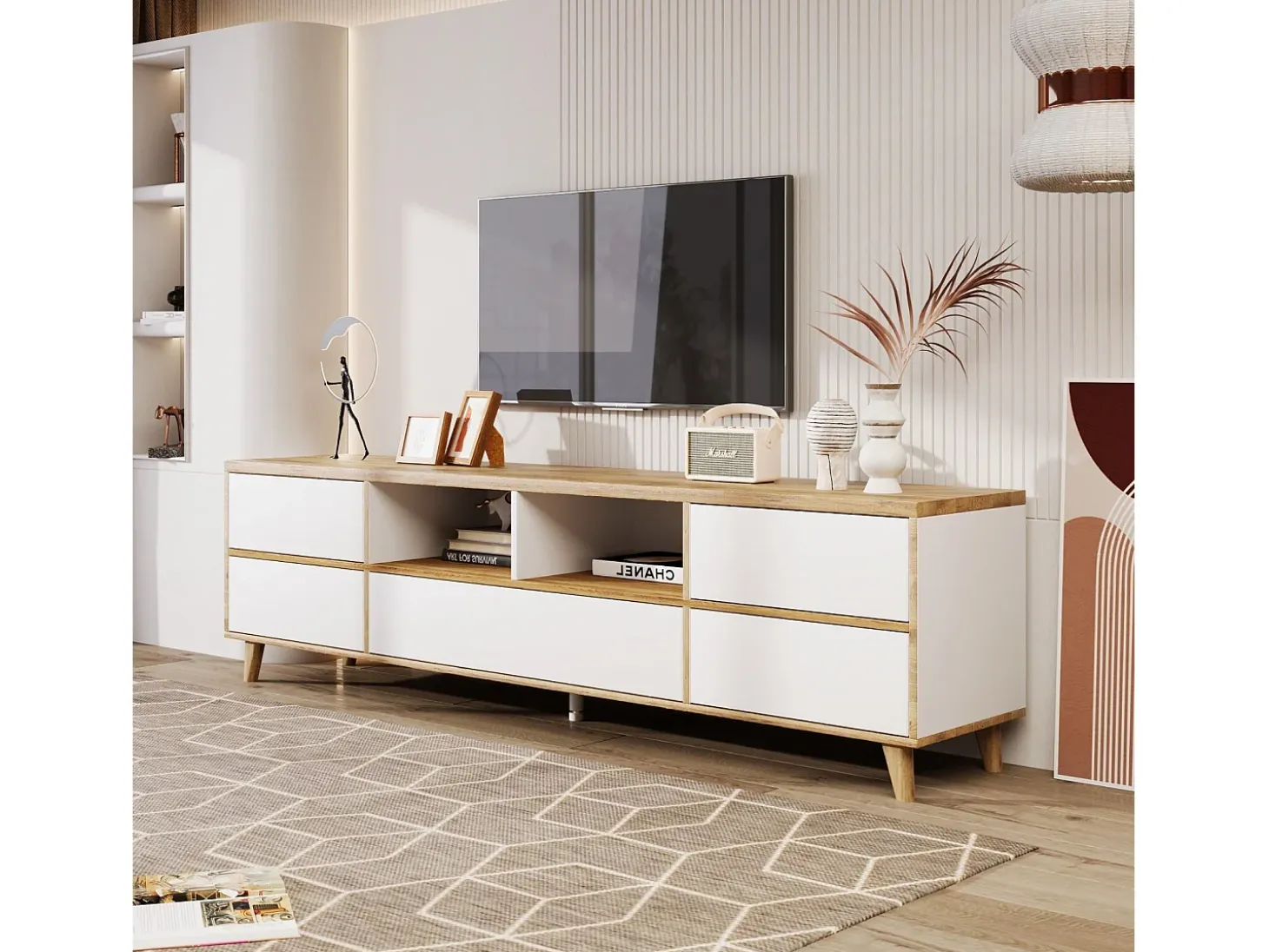 Gabinete de televisión de 5 puertas y 8 nicho, pies de madera sólida, 175x37x51cm, blanco y natural