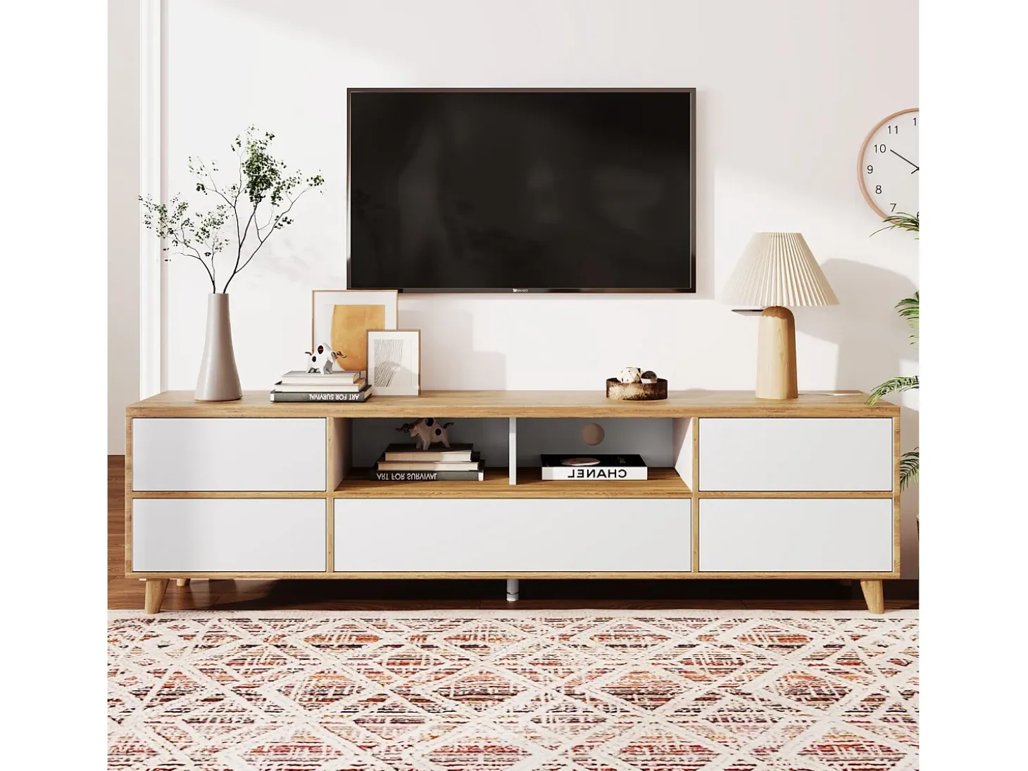 Gabinete de televisión de 5 puertas y 8 nicho, pies de madera sólida, 175x37x51cm, blanco y natural