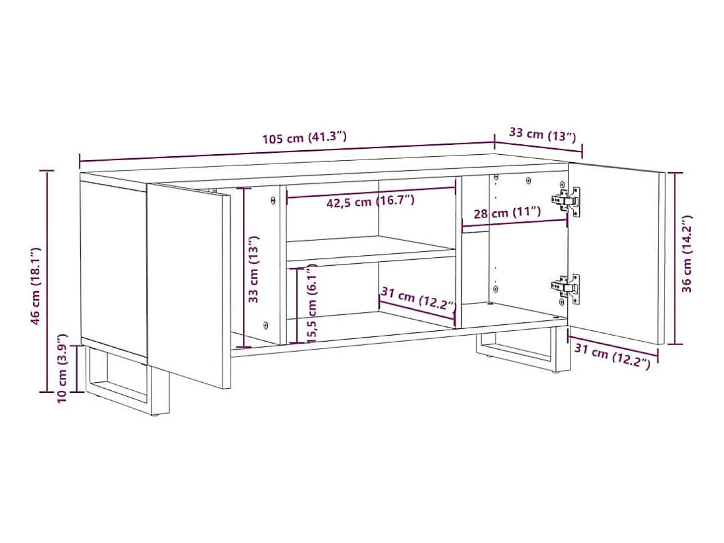 Gabinete de TV Blanco 105 x 33 x 46 cm madera maciza de mango