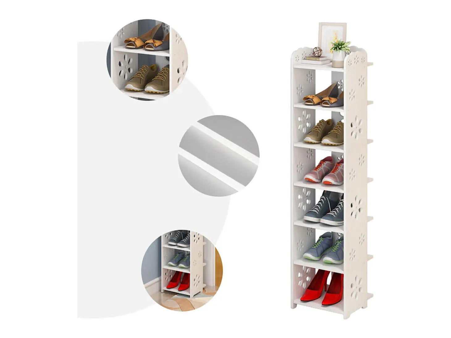 Gabinete de zapato 7 niveles en madera de plástico, estante de almacenamiento de zapatos, 26x25x96cm, blanco