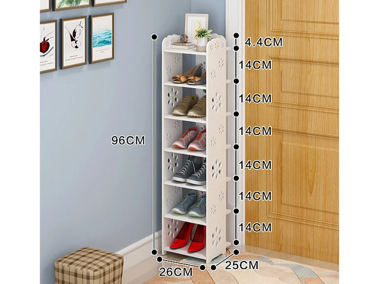 Gabinete de zapato 7 niveles en madera de plástico, estante de almacenamiento de zapatos, 26x25x96cm, blanco