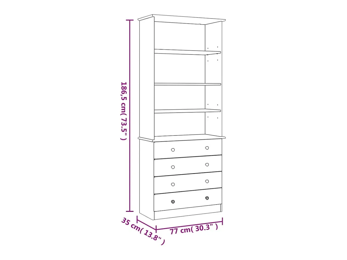 Garden Furniture - Librería con cajones ALTA madera maciza de pino 77x35x186,5 cm