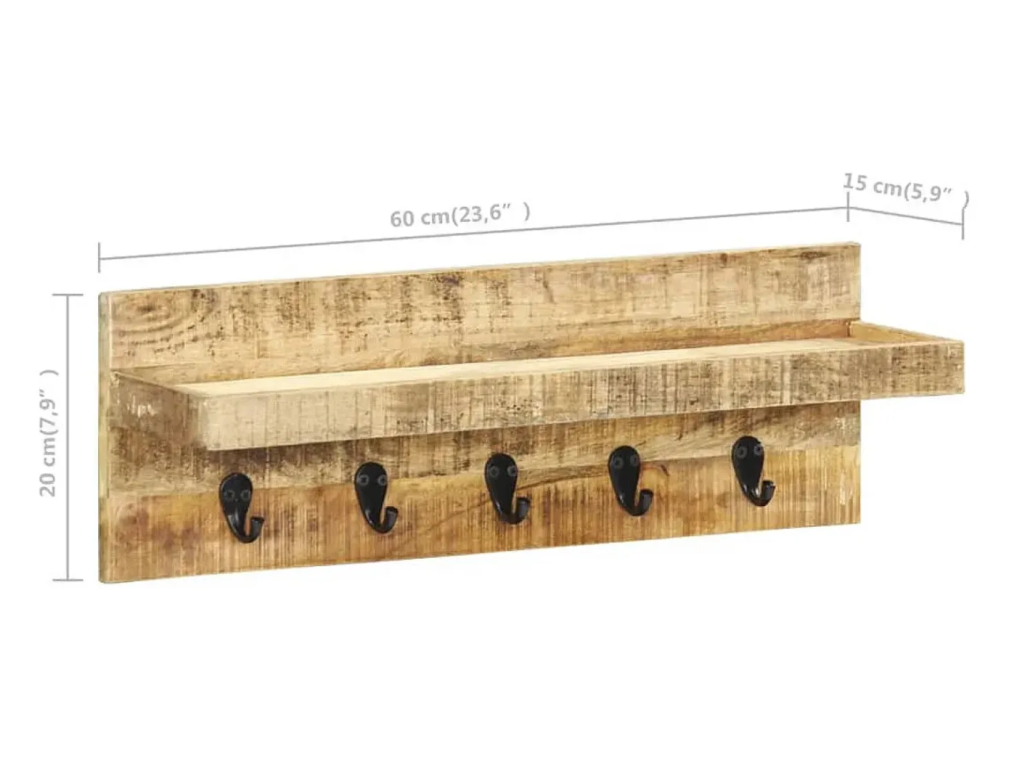 Garden Furniture - Perchero de pared madera maciza de mango sin tratar 60x15x20 cm