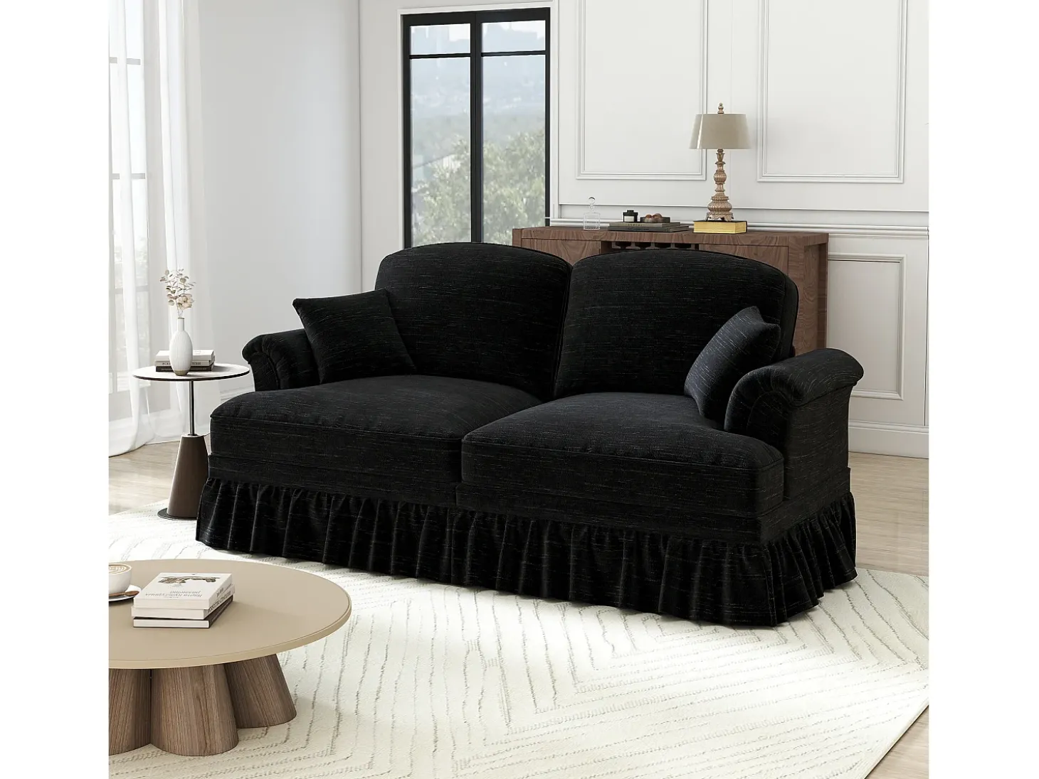Gran Sofá 2 Plazas Chenille - Con Funda Extraíble y 2 Cojines - 194x83.5x93cm - Negro