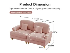 Gran Sofá 2 Plazas Chenille - Con Funda Extraíble y 2 Cojines - 194x83.5x93cm - Rosa