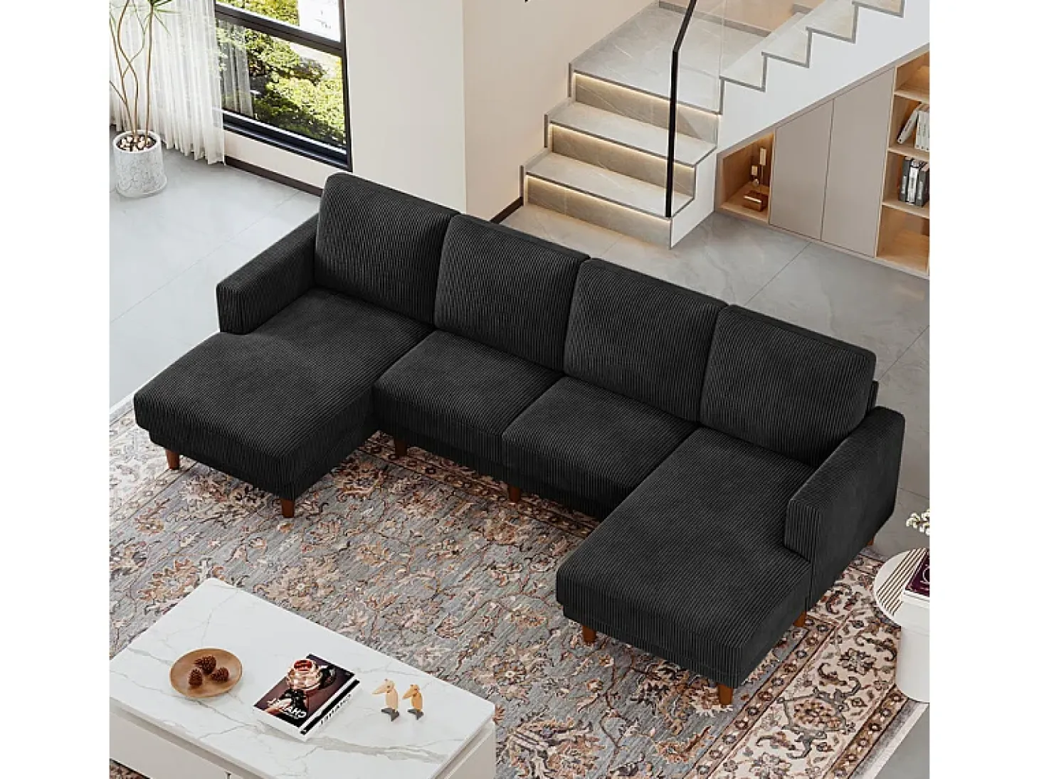 Gran sofá de esquina panorámico - 4 plazas - chaise longue 109cm - de pana - 269x140x86 - Negro