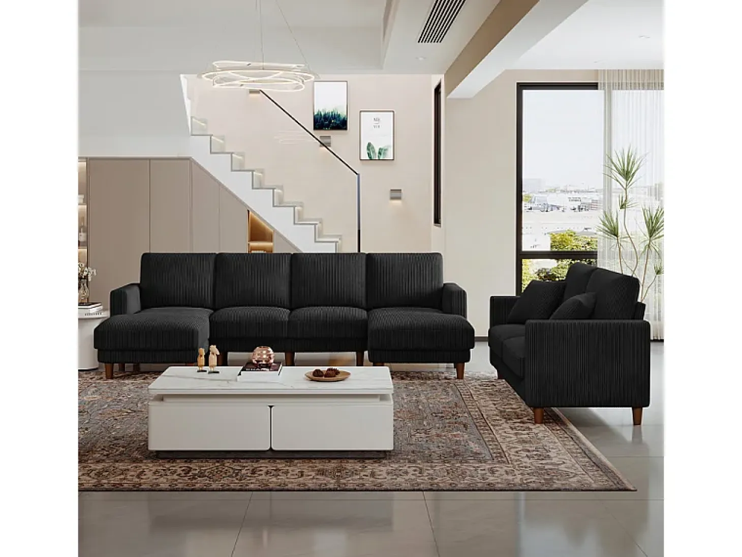 Gran sofá de esquina panorámico - 4 plazas - chaise longue 109cm - de pana - 269x140x86 - Negro