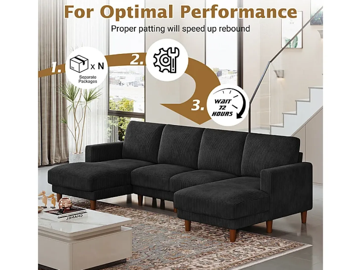 Gran sofá de esquina panorámico - 4 plazas - chaise longue 109cm - de pana - 269x140x86 - Negro