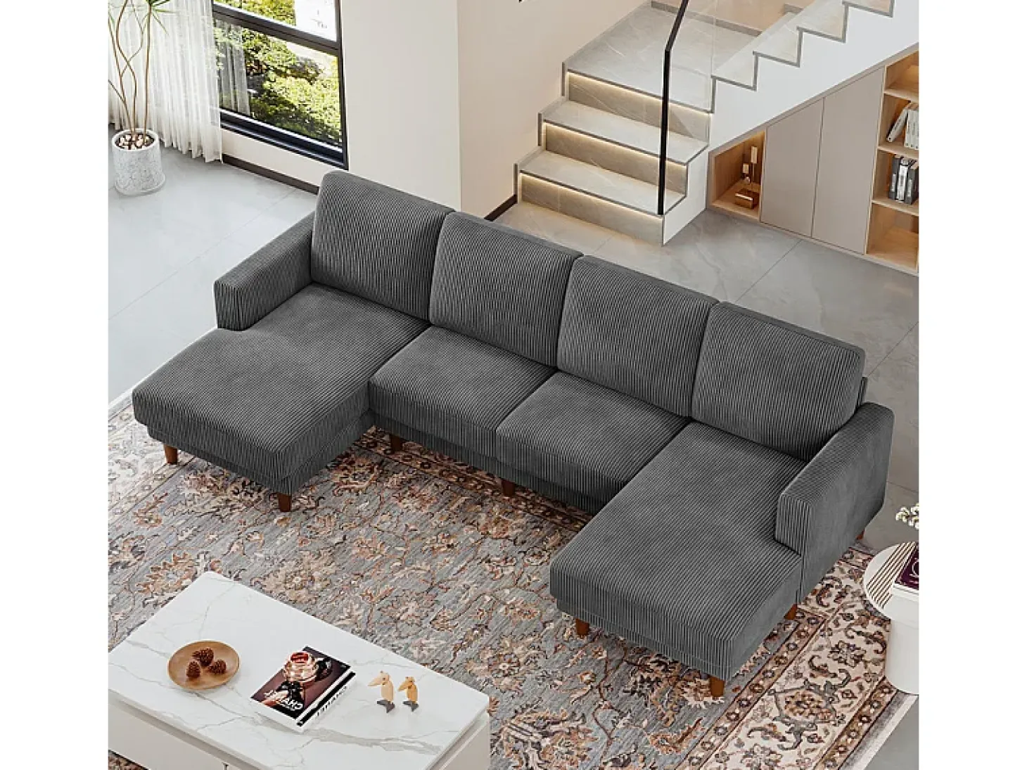 Gran sofá de esquina panorámico - 4 plazas - chaise longue 109cm - de pana - 269x140x86 - Gris