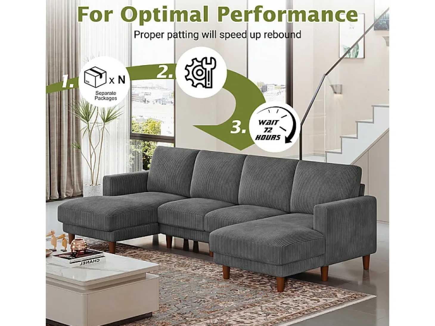 Gran sofá de esquina panorámico - 4 plazas - chaise longue 109cm - de pana - 269x140x86 - Gris