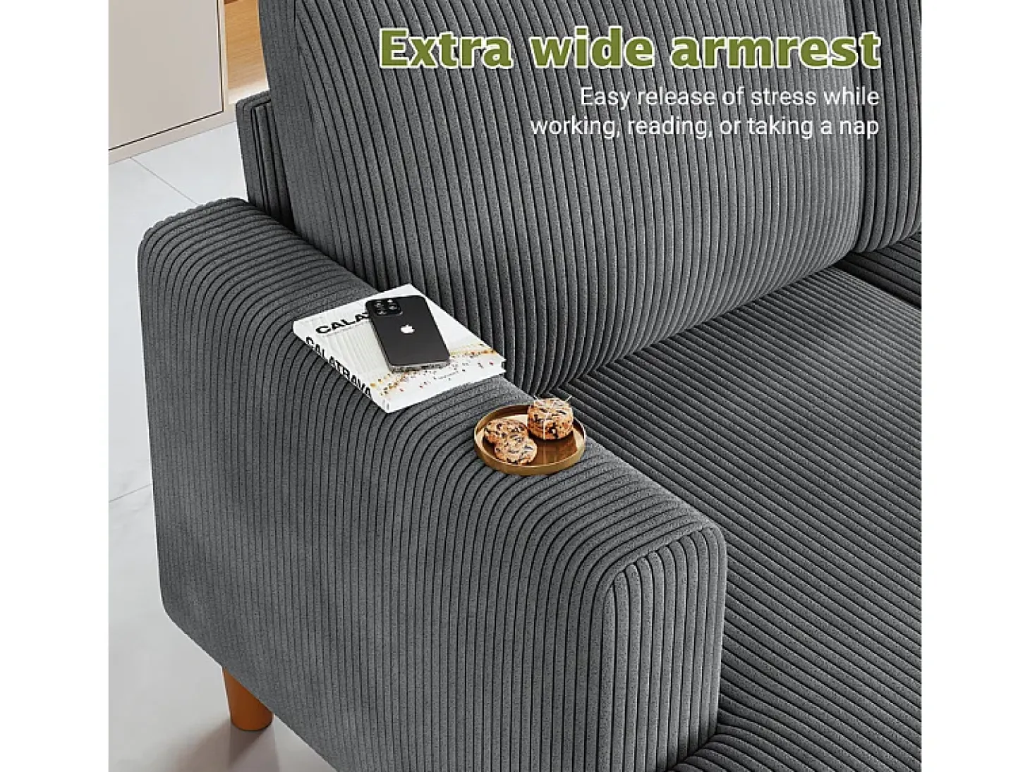 Gran sofá de esquina panorámico - 4 plazas - chaise longue 109cm - de pana - 269x140x86 - Gris