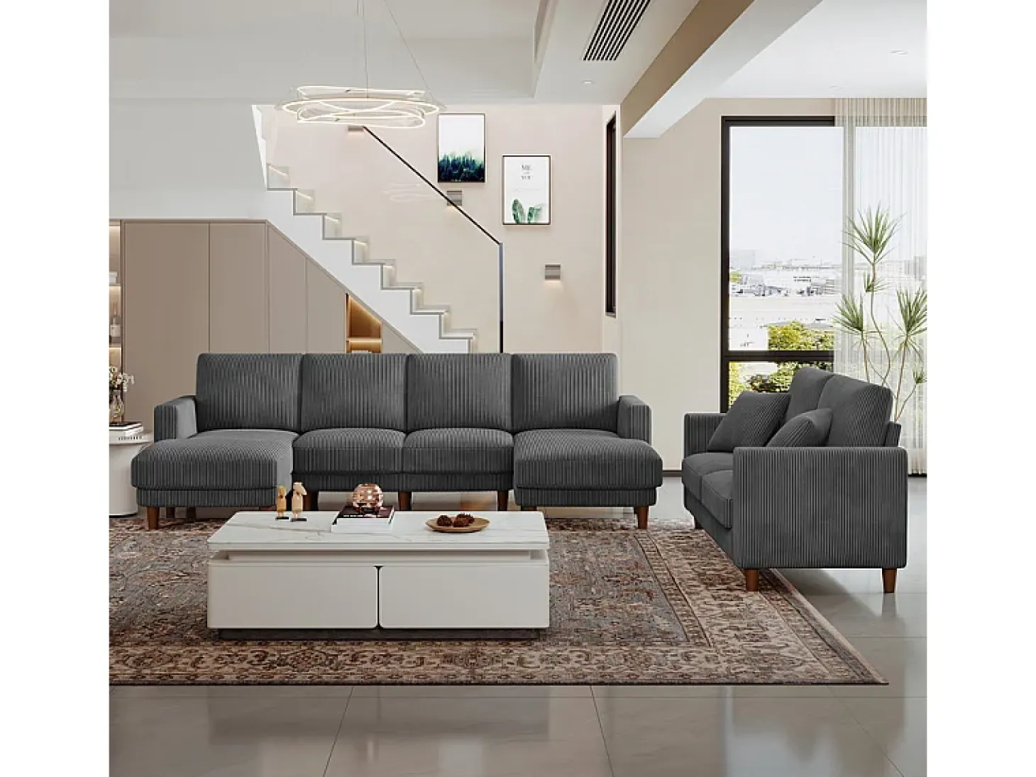 Gran sofá de esquina panorámico - 4 plazas - chaise longue 109cm - de pana - 269x140x86 - Gris