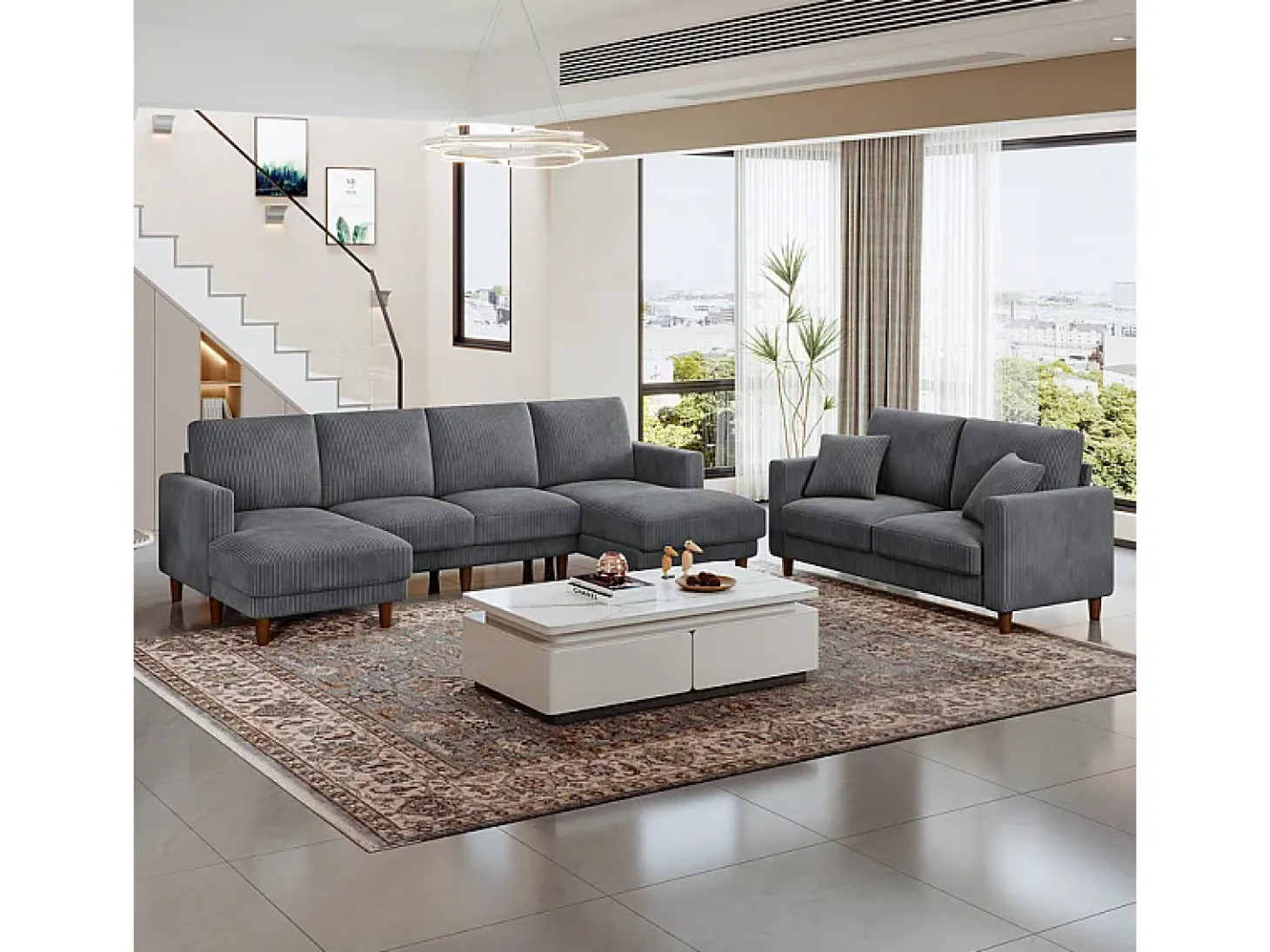 Gran sofá de esquina panorámico - 4 plazas - chaise longue 109cm - de pana - 269x140x86 - Gris