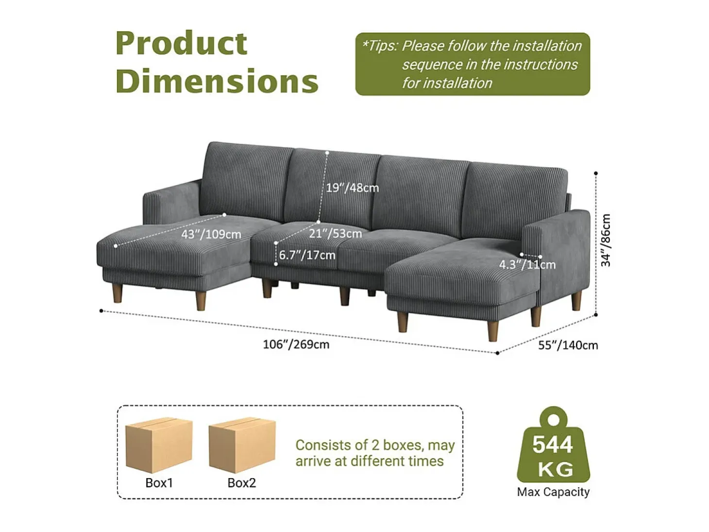 Gran sofá de esquina panorámico - 4 plazas - chaise longue 109cm - de pana - 269x140x86 - Gris