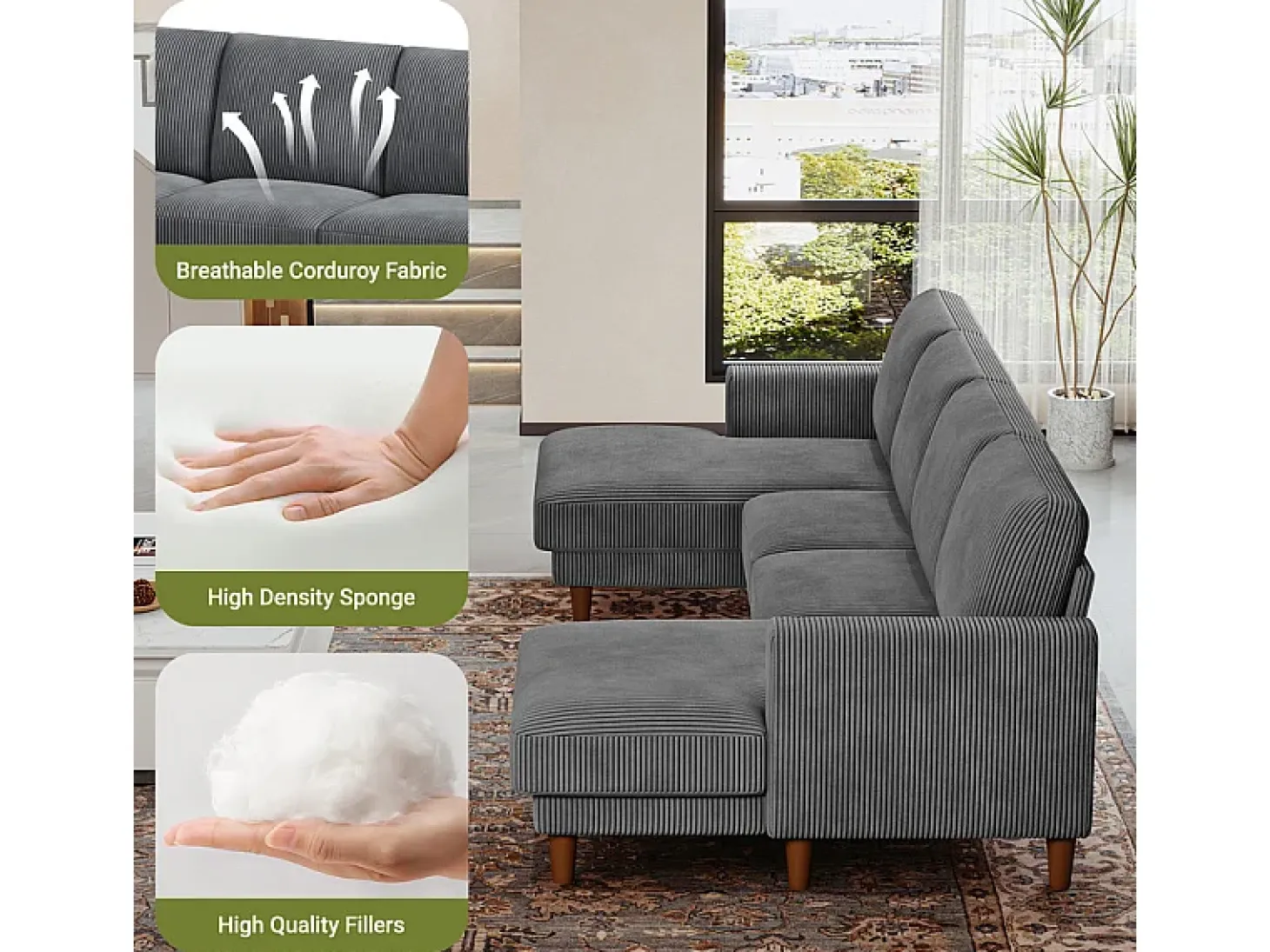 Gran sofá de esquina panorámico - 4 plazas - chaise longue 109cm - de pana - 269x140x86 - Gris