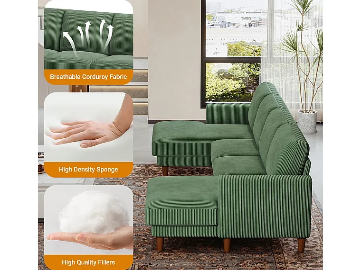 Gran sofá de esquina panorámico - 4 plazas - chaise longue 109cm - de pana - 269x140x86 - Verde