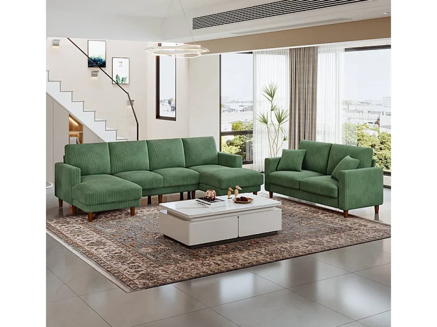 Gran sofá de esquina panorámico - 4 plazas - chaise longue 109cm - de pana - 269x140x86 - Verde