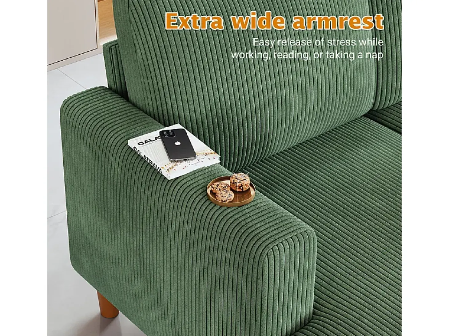 Gran sofá de esquina panorámico - 4 plazas - chaise longue 109cm - de pana - 269x140x86 - Verde