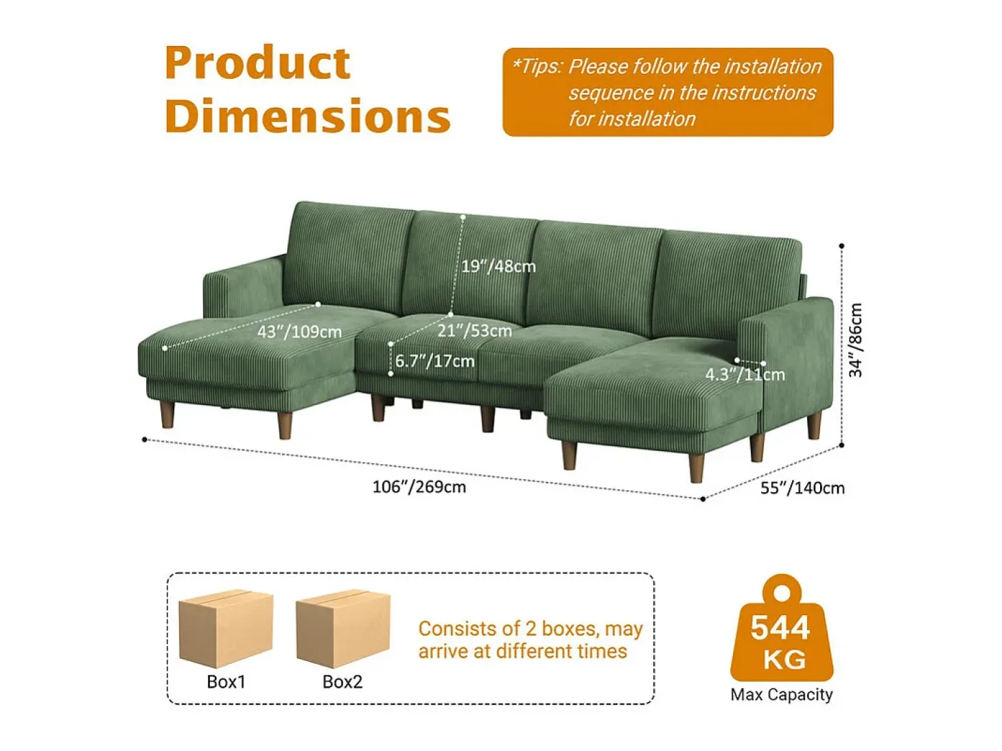 Gran sofá de esquina panorámico - 4 plazas - chaise longue 109cm - de pana - 269x140x86 - Verde