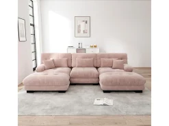 Gran sofá esquina modular - 3 plazas - con 2 pouf y 5 cojines - tejido felpa rosa - 313x145x81cm