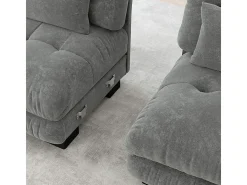 Gran sofá esquina modular - 3 plazas - con 2 pouf y 5 cojines - tejido felpa gris - 313x145x81cm