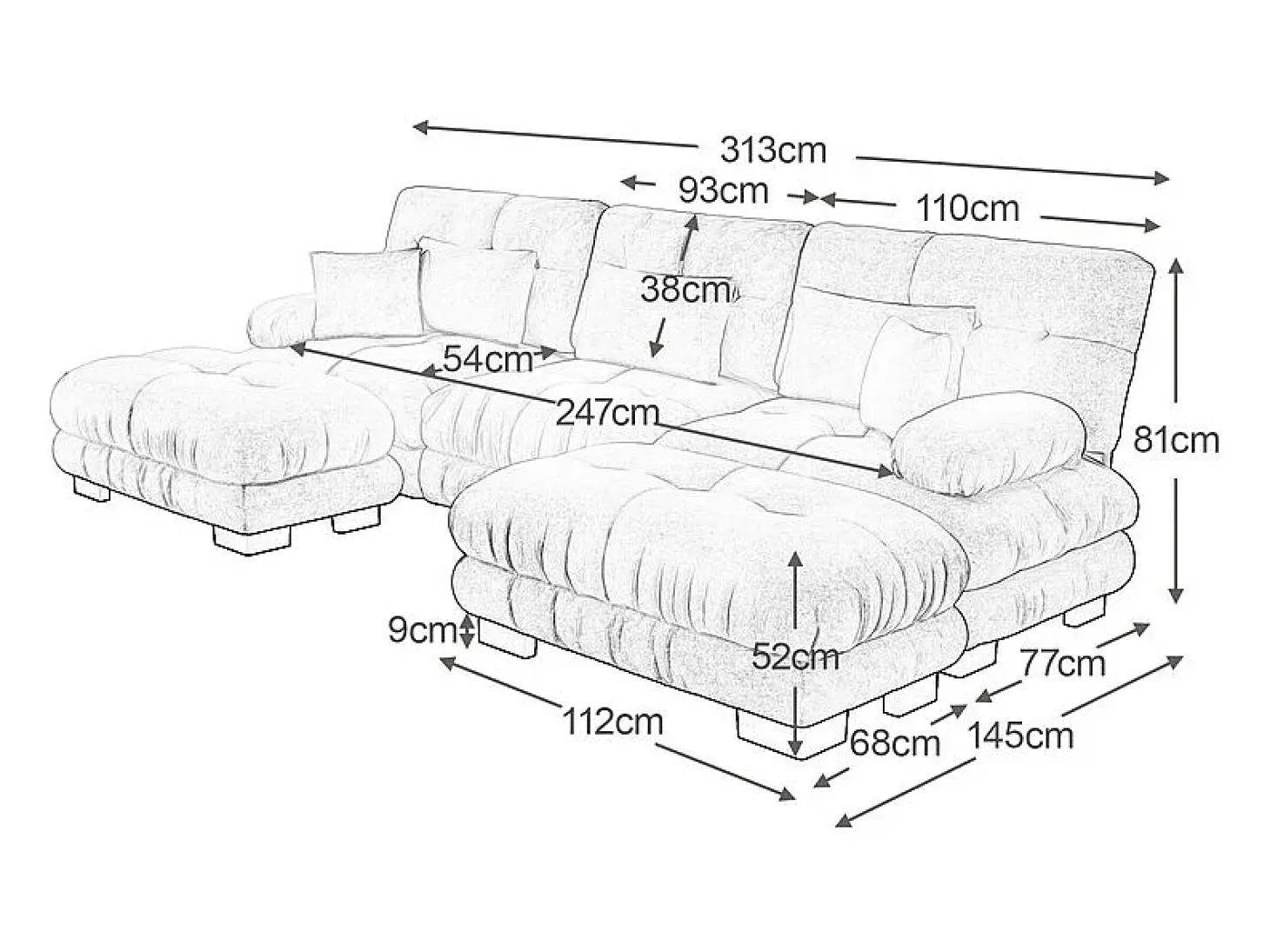 Gran sofá esquina modular - 3 plazas - con 2 pouf y 5 cojines - tejido felpa gris - 313x145x81cm